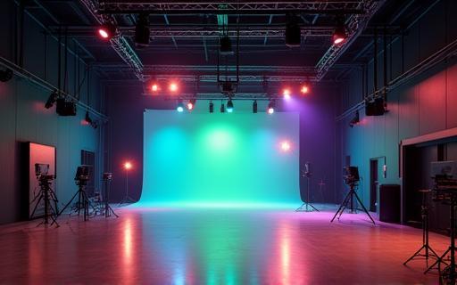 Modern film studio interior with lighting rig.