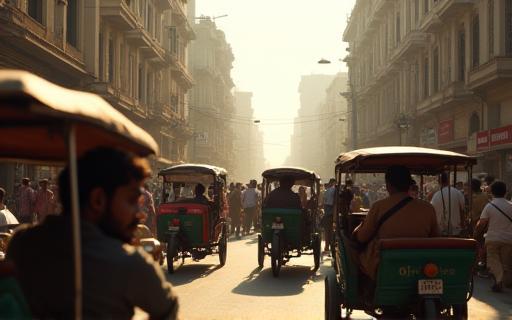 Busy urban street scene with classic architecture.